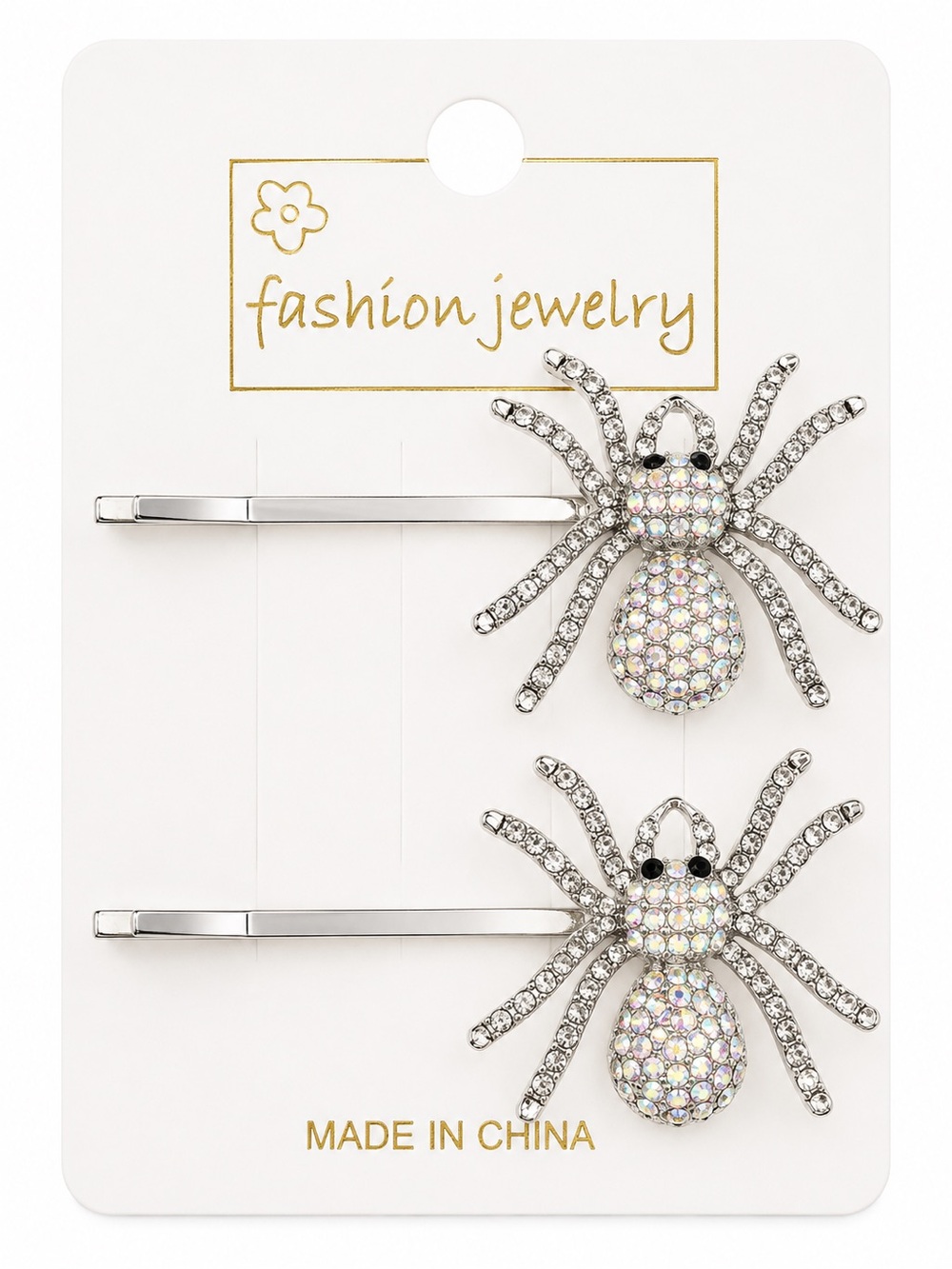 Iridescent Crystal Spider Bobby Pins Silver Tone Rhinestone Halloween Hair NEW
